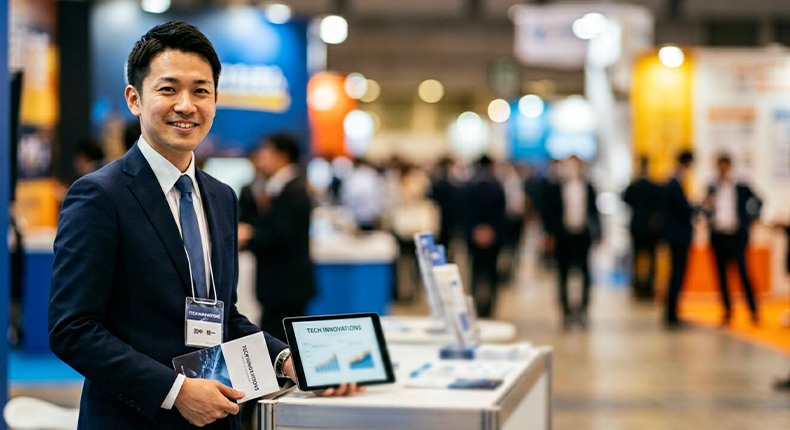 展示会で働くIT・サービス業の社員